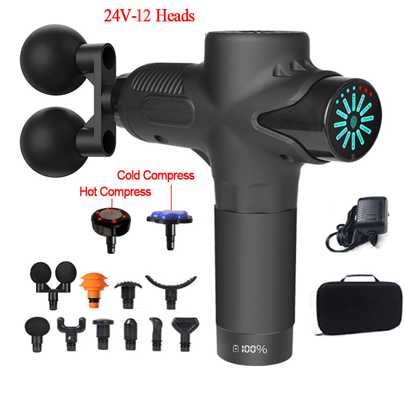 Premium 24V Deep Tissue Massage Gun with Hot & Cold Compress, 12 Heads, High-Frequency Muscle Relaxation for Neck, Shoulder & Full Body Recovery - StrengthXPhysiotherapy