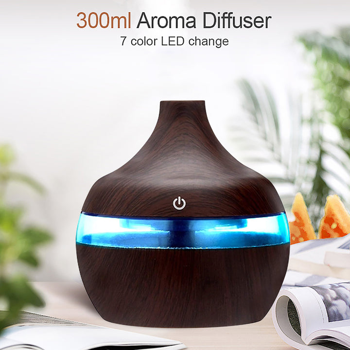Premium 7-Color LED Aroma Diffuser & USB Humidifier – 300ml Wood Grain Essential Oil Vaporizer for Home, Room, Office