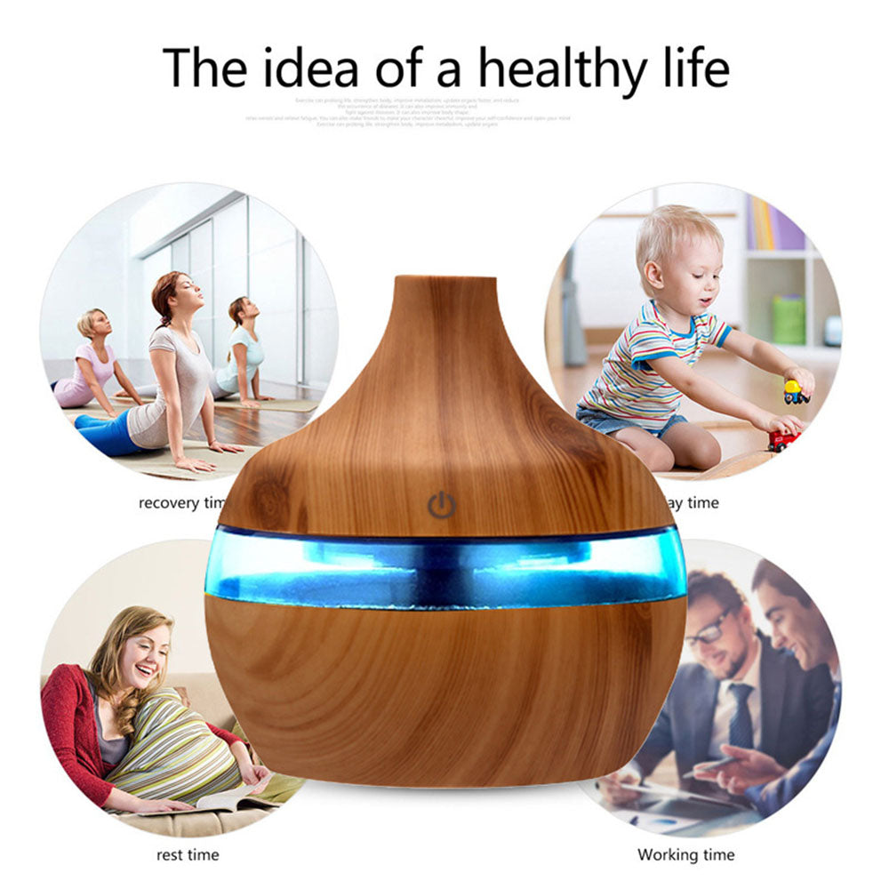 Premium 7-Color LED Aroma Diffuser & USB Humidifier – 300ml Wood Grain Essential Oil Vaporizer for Home, Room, Office