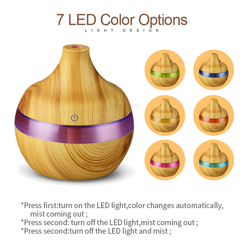 Premium 7-Color LED Aroma Diffuser & USB Humidifier – 300ml Wood Grain Essential Oil Vaporizer for Home, Room, Office