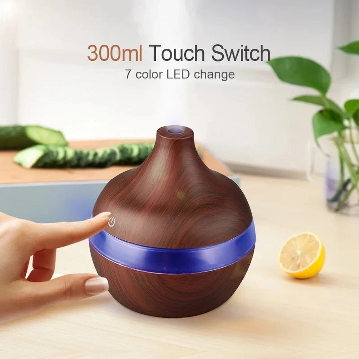 Premium 7-Color LED Aroma Diffuser & USB Humidifier – 300ml Wood Grain Essential Oil Vaporizer for Home, Room, Office